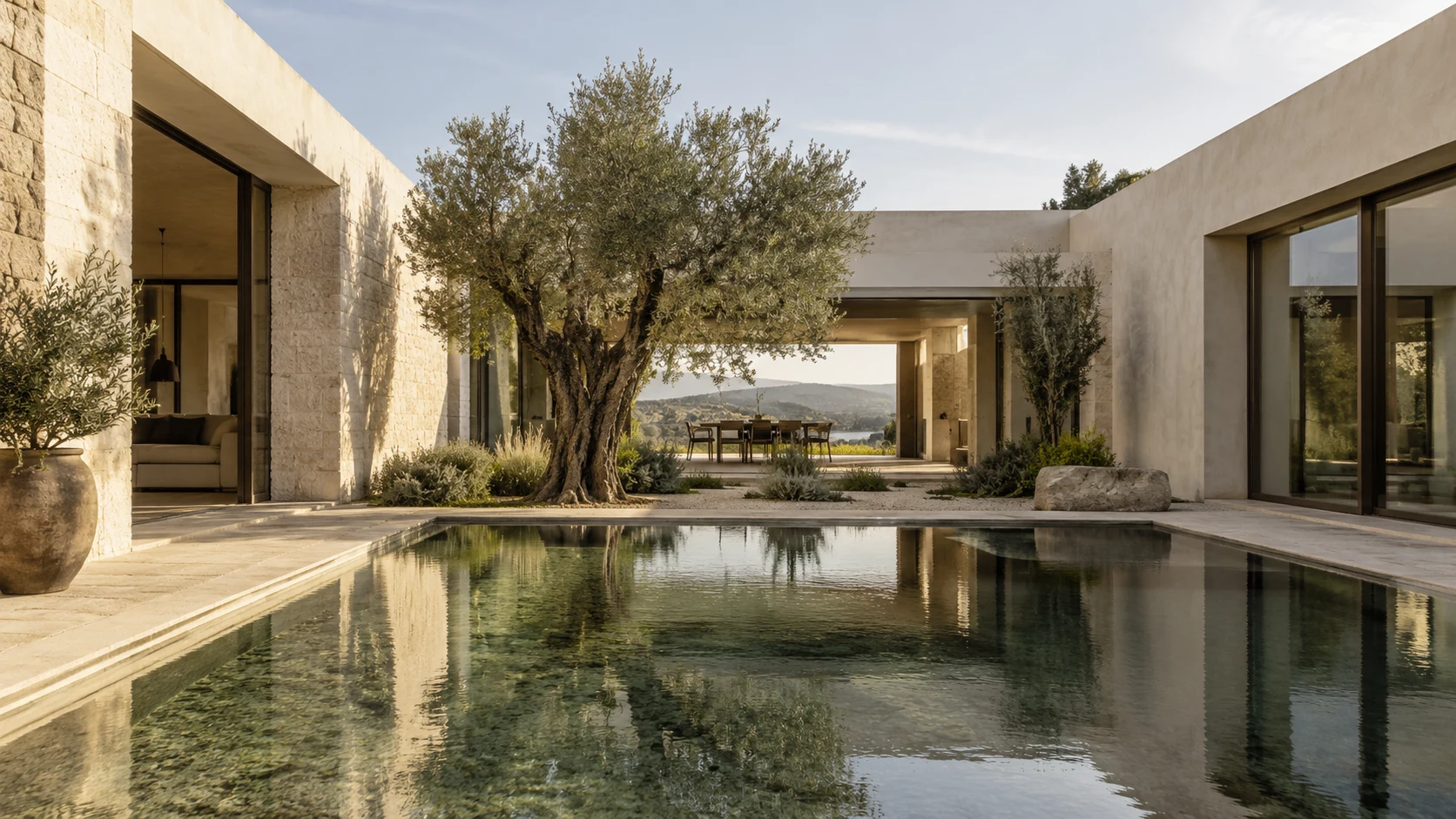 An imagined limestone courtyard house with a mature olive tree and reflecting pool in warm afternoon light